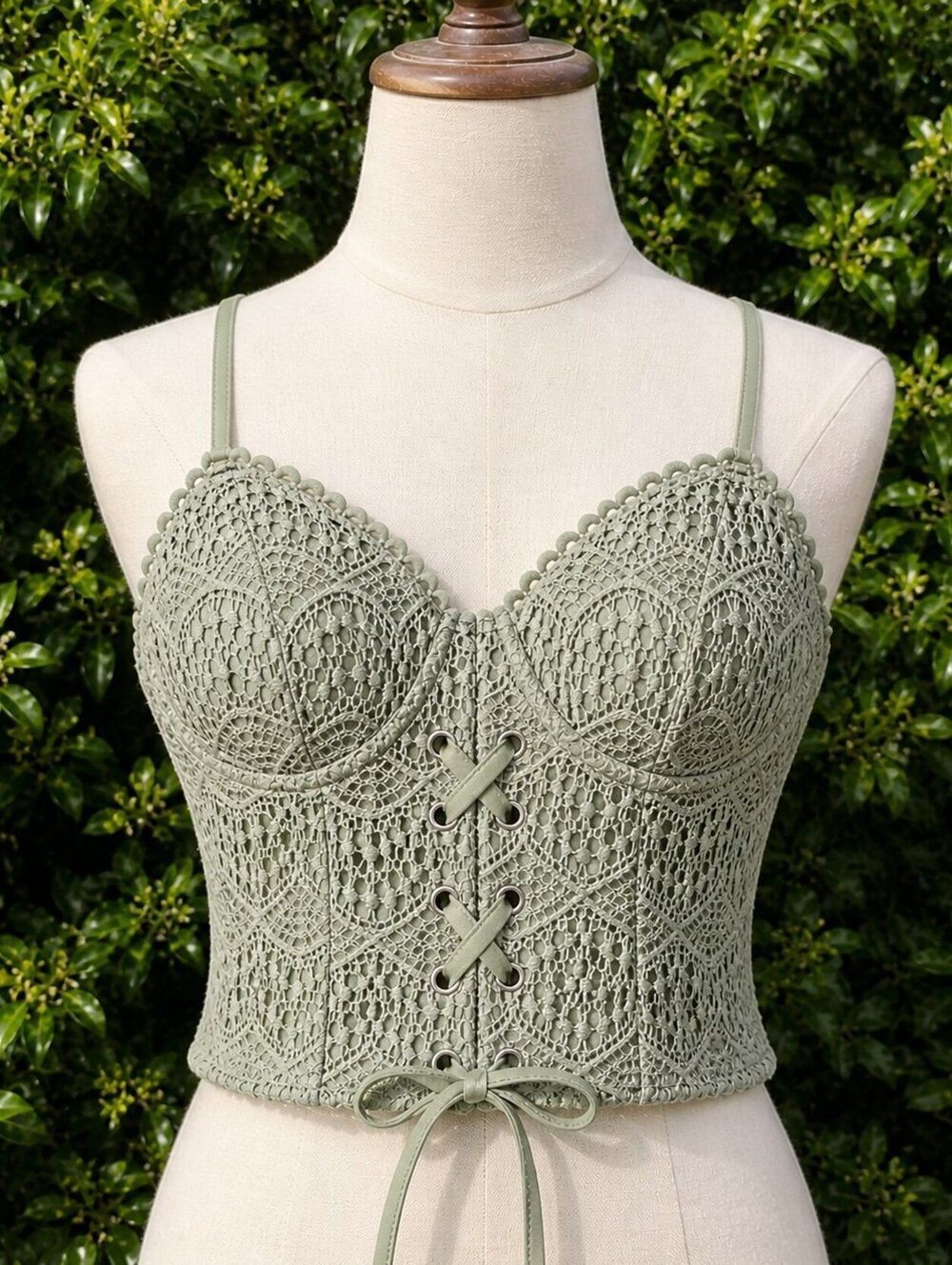 Haute Monde Small Sage Green Crochet Lace Corset Crop Top Boho Festival Cottage